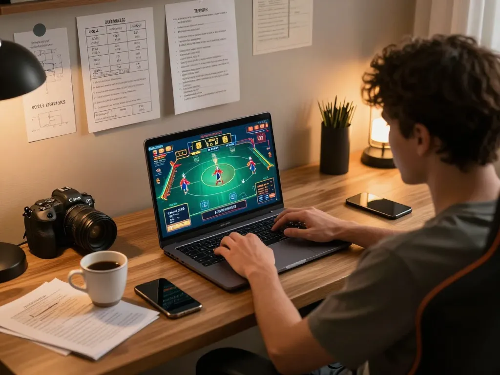 Engaging scene of a player participating in tai xiu online gaming, showcasing strategic notes and a cozy ambiance.