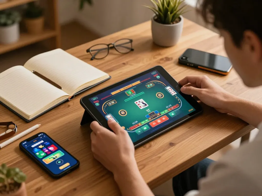 Player enjoying gg88 poker online game on tablet with strategy notes and a smartphone