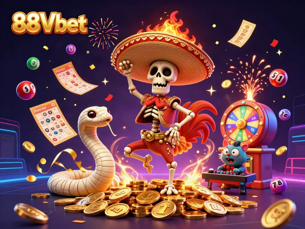 Win big at 88Vbet with vibrant cartoon characters celebrating in a thrilling casino atmosphere.