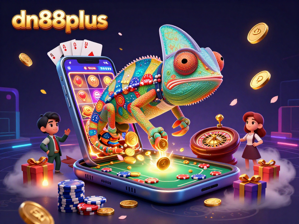 Experience thrilling gaming at dn88plus with vibrant scenes of casino excitement and a chameleon owner.