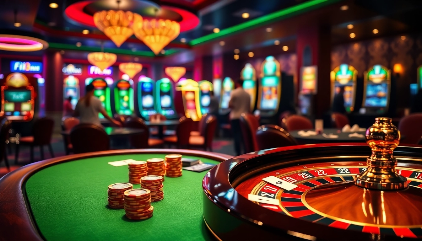 Experience the thrill at Trang chủ Fi88 with players engaging at a luxury casino table.