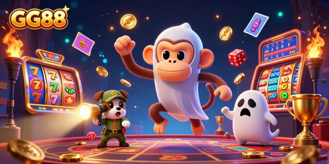 Experience the dazzling excitement of GG88 as the poltergeist monkey juggles golden winnings in a lively casino scene.