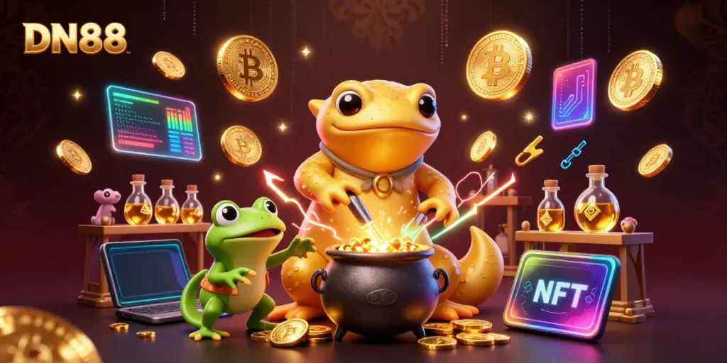 Experience thrilling gameplay with DN88 at a dynamic casino filled with vibrant characters and gold.
