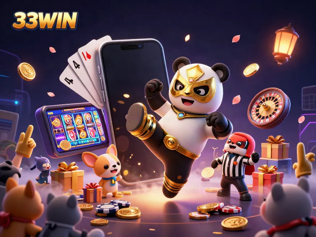 Experience thrilling casino action at 33WIN with a panda wrestler in a vibrant 3D scene.