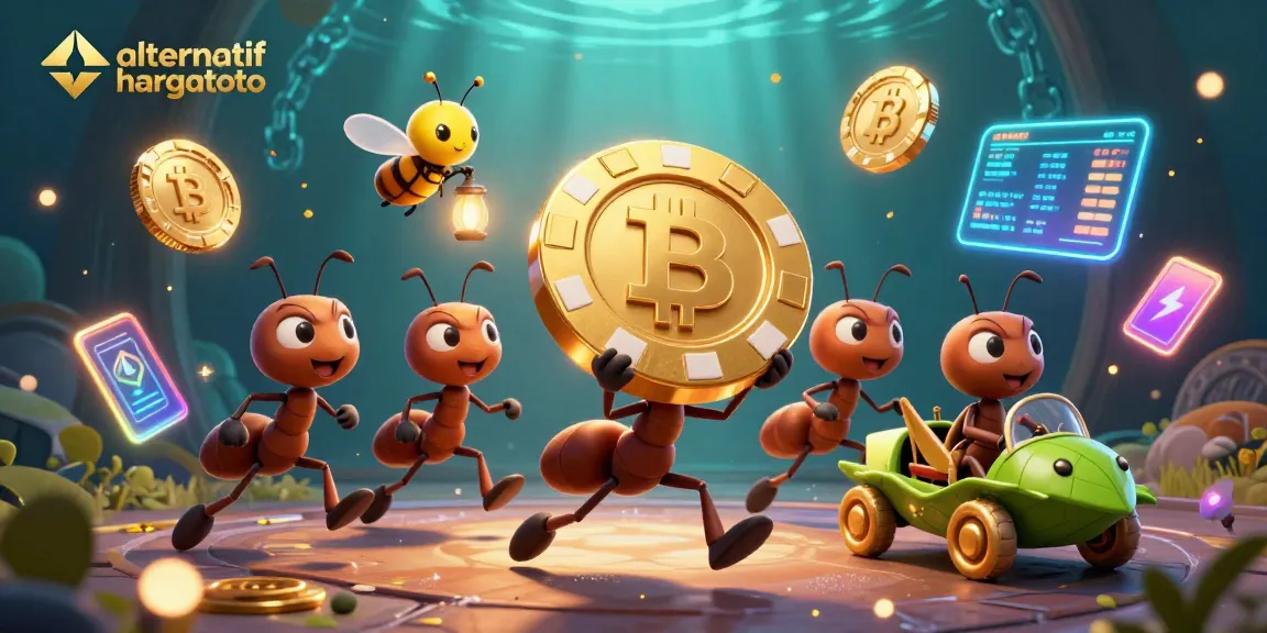 Engaging scene depicting alternatif hargatoto with animated ants heisting a giant poker chip amid cryptocurrency elements.