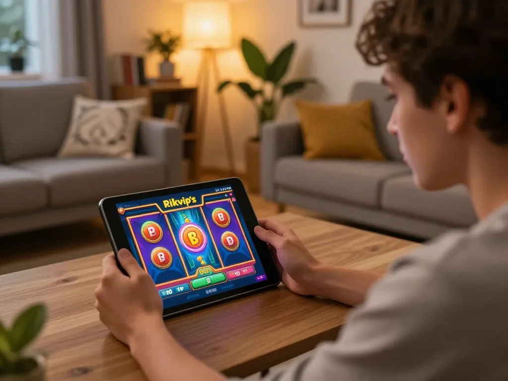 Enthusiastically playing Rikvip's online slots game on a tablet, showcasing vibrant gaming atmosphere.