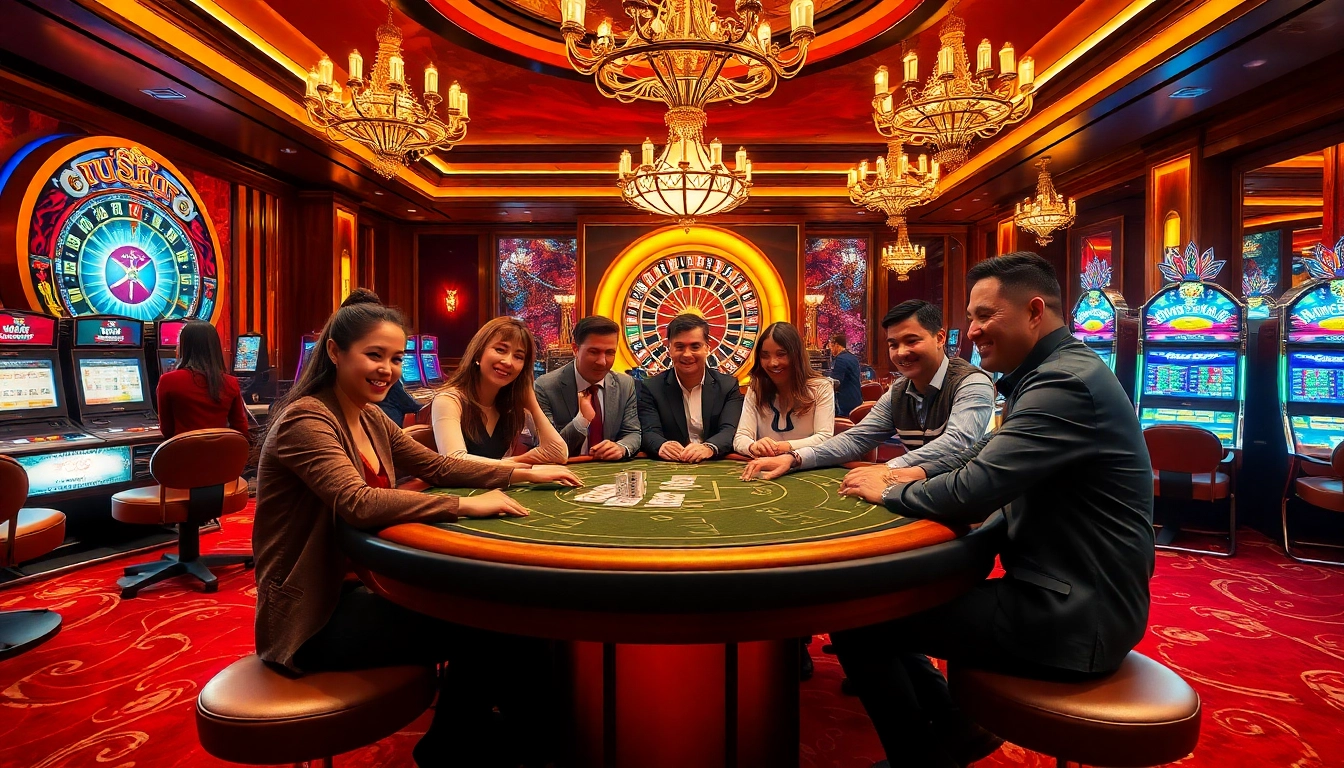 Exciting gambling scene showcasing the uu88 poker table with players engaged and vibrant slot machines.